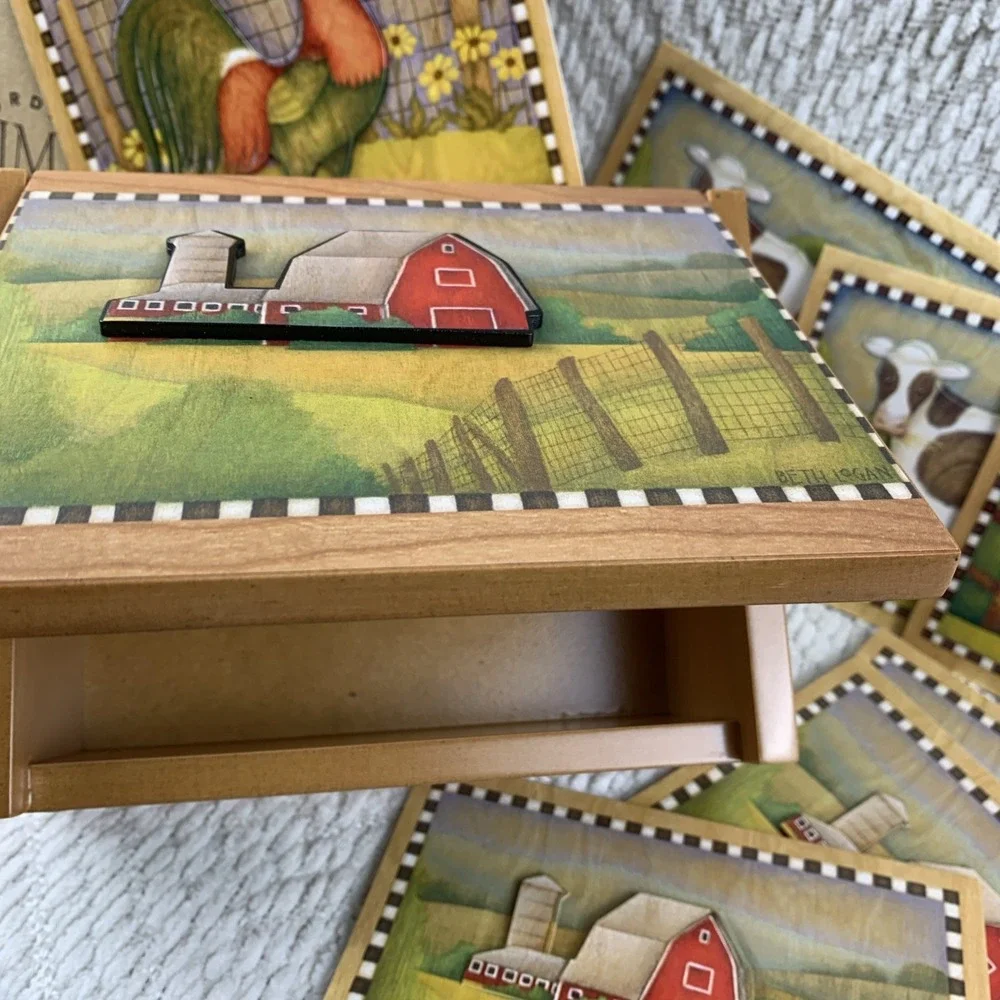 VTG 2003 BETH LOGAN Wooden Box With 3D Notecards Farm Cow Barn‎ Rooster Daisies